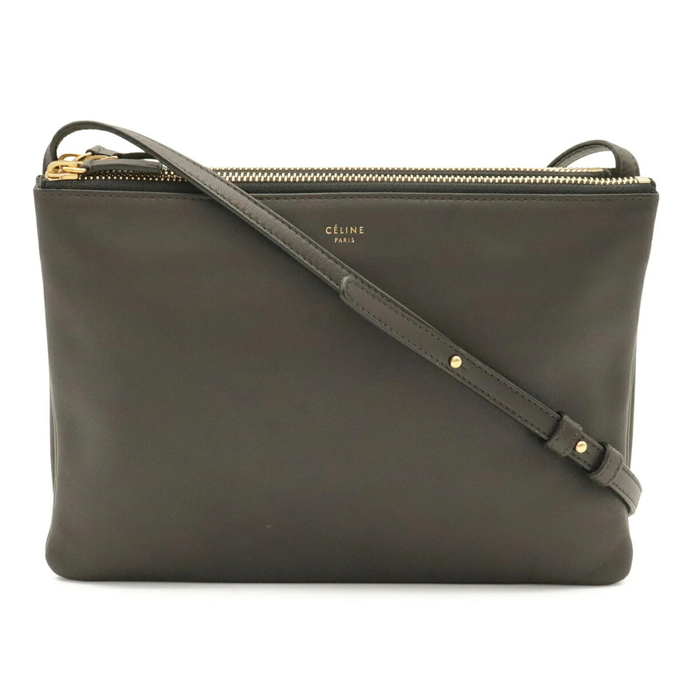 CELINE Trio Large Shoulder Bag, Pouch, Handbag, Leather, Charcoal Gray, 171453